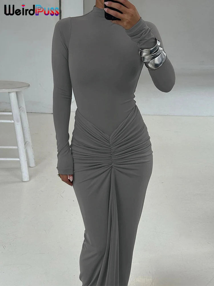Weird Puss Hipster Ruched Dress Women o-NeckFull Sleeve  Skinny Stretch Robe Autumn Trend Simple Classic Pleats Long Bodycon