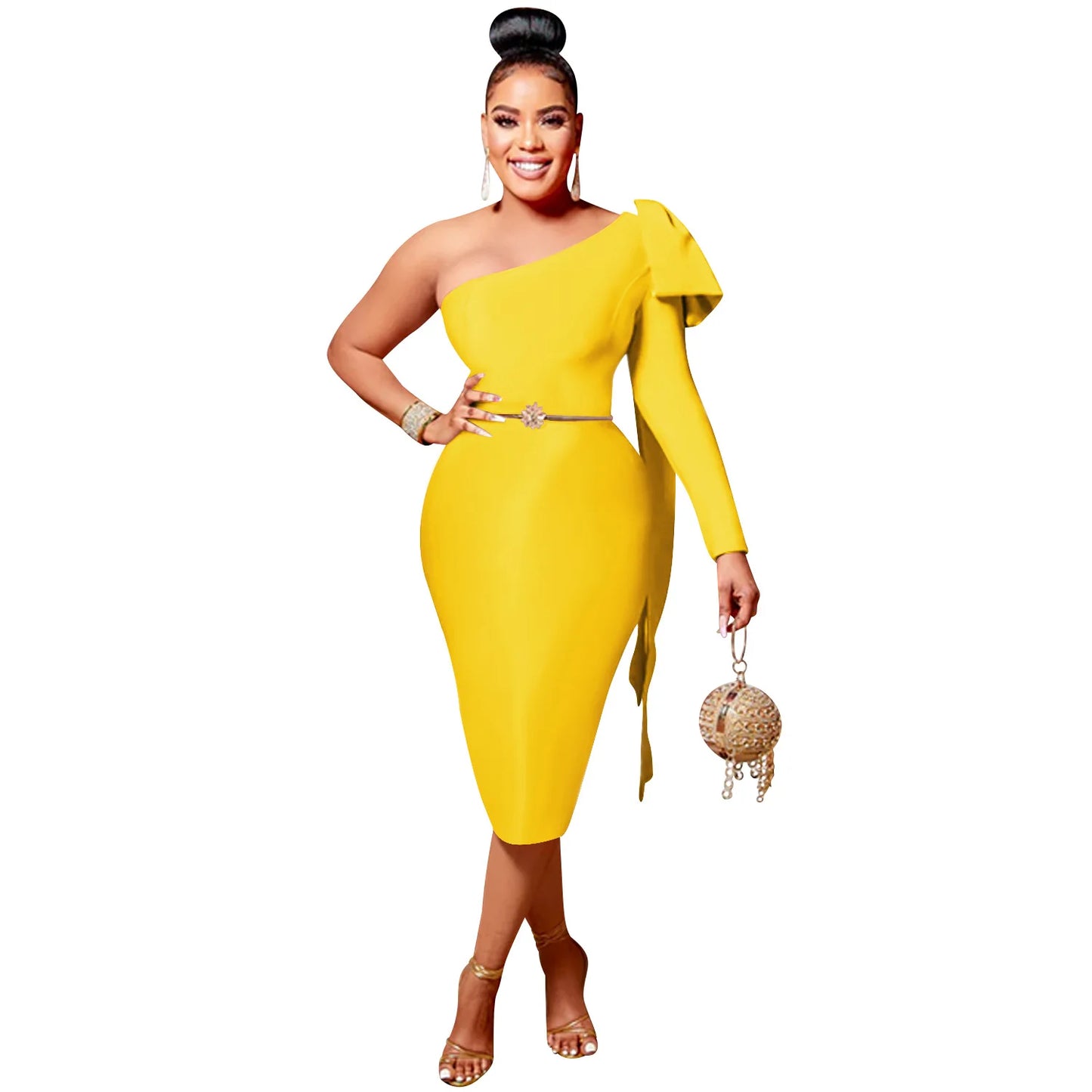 CMYAYA Women One Shoulder Skew Neck Bow Splicing One Long Sleeve Bodycon Midi Dress 2022 Sexy Party Prom Evenging Summer Dresses