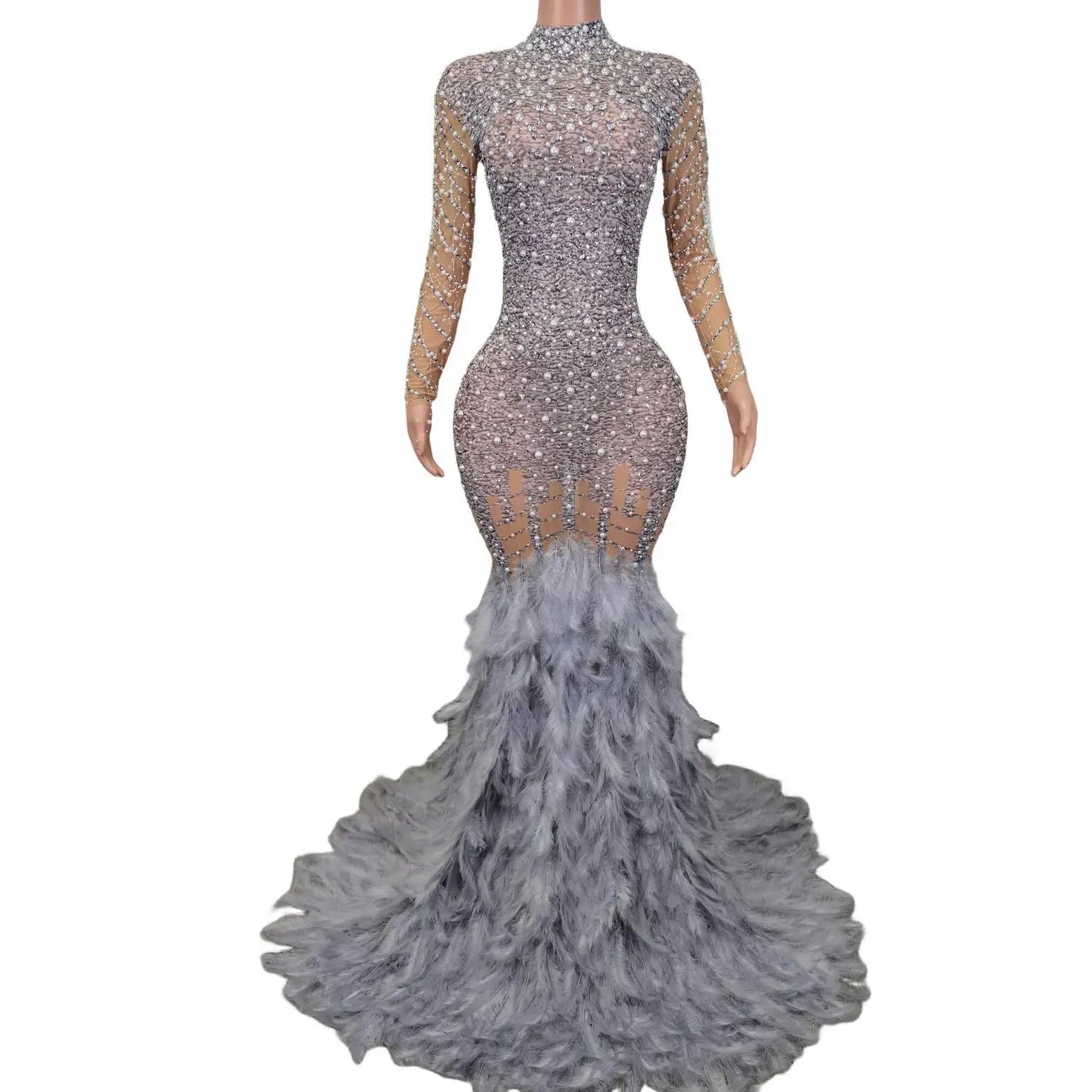 Luxury Pearl Sequins Mermaid Dress Women Ball Gown Wedding Dress Fashion Feather Shining Rhinestone Party Dress Cocktail Dresses