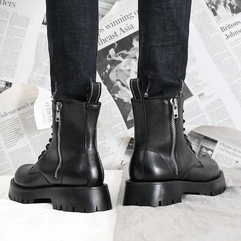2024 Autumn Winter Shoes Men Leather Boots Thick Sole Non-slip Warm Plush Cold Winter Cow Leather Male Ankle Botas Black KA4867