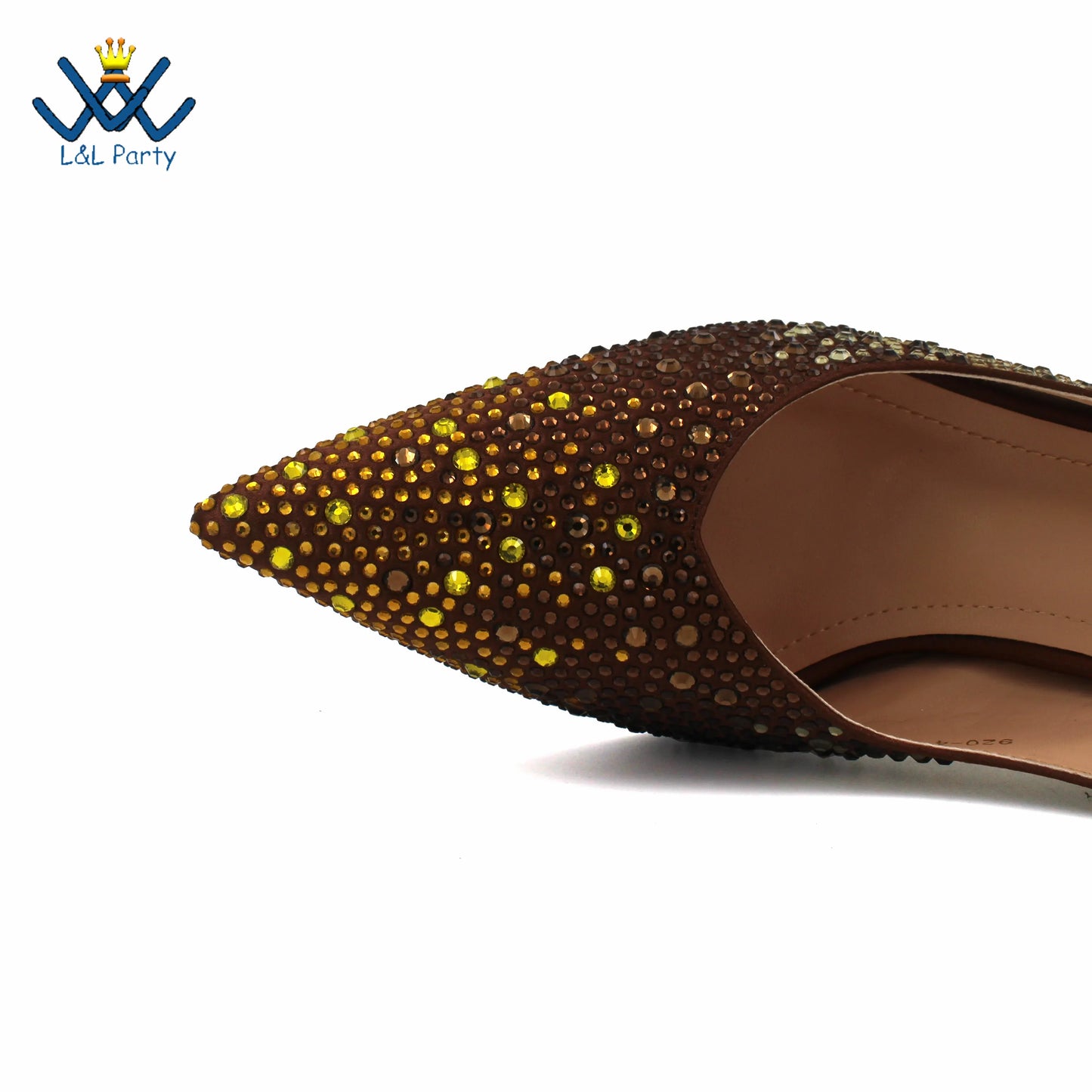 Coffee Color Fashion Italian Women Shoes and Bag Set High Quality New Full Shinning Crystal Slingbacks Pumps for Wedding