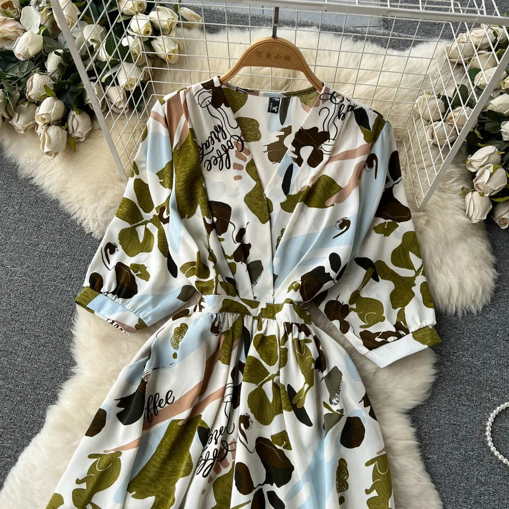 Summer Holiday Floral Beach Wrap Dress Women V Neck Short Sleeves Chic A Line Dress Bohemian Vintage Print Long Dress