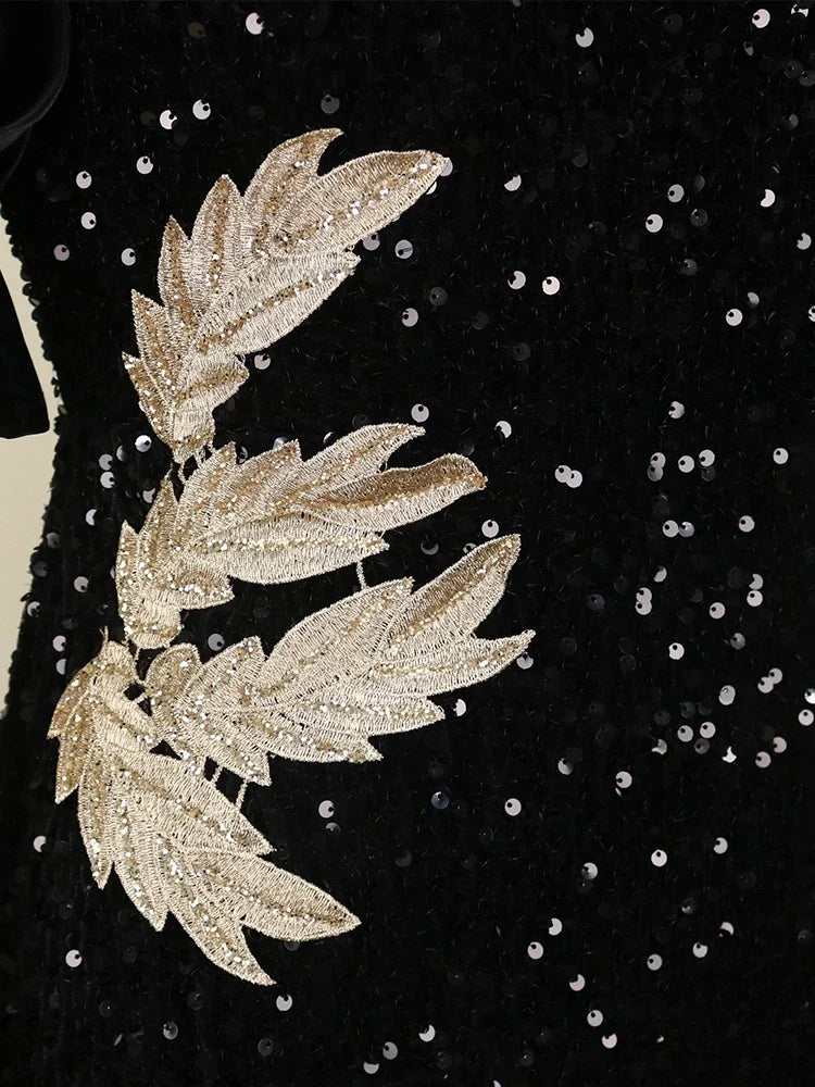 Women Sequined Shiny Black Long Dress Glitter Embroidered Chest Wrapped Puff Sleeve Classy Winter Fall Party Celebrity Gowns New