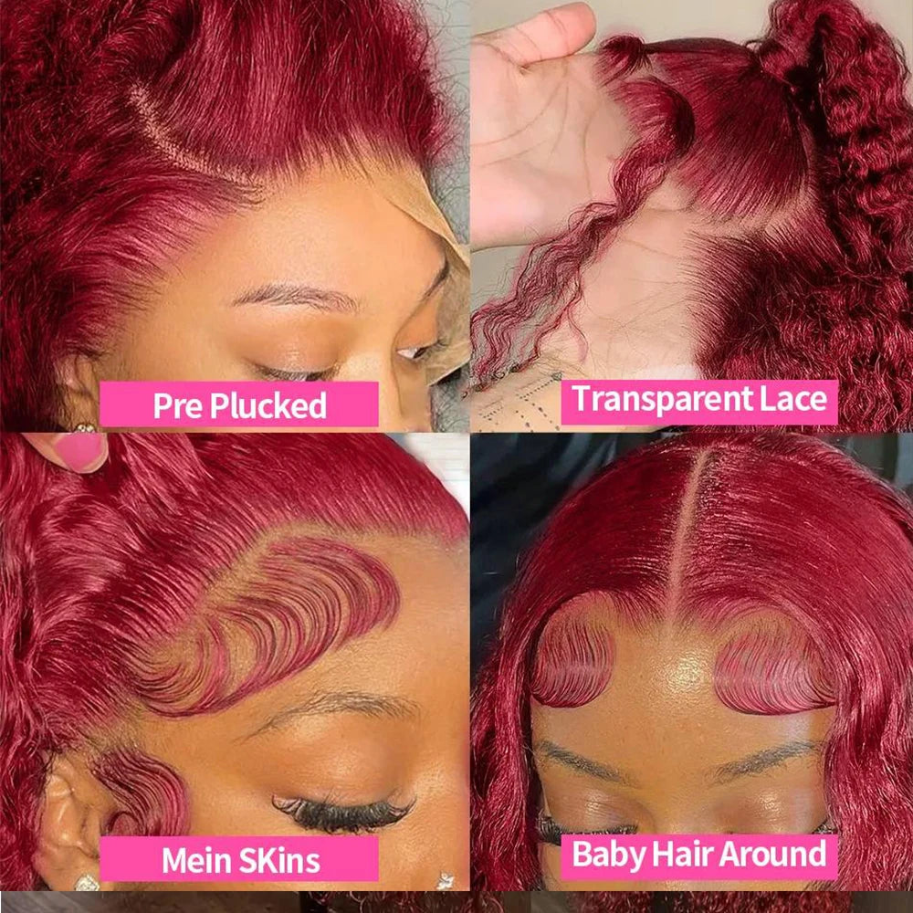 Tahikie 99j Burgundy Lace Front Human Hair Wig 30 Inch Deep Wave Frontal Wig 13x6 Hd Pre Plucked Transparent Lace Wigs For Woman