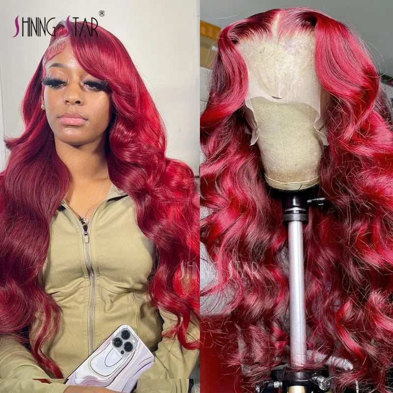 13X6 Body Wave Lace Front Wig Burgundy Colored Red Lace Front Human Hair Wigs Curly Peruvian 13x4 HD Lace Frontal Wig 30 34 Inch