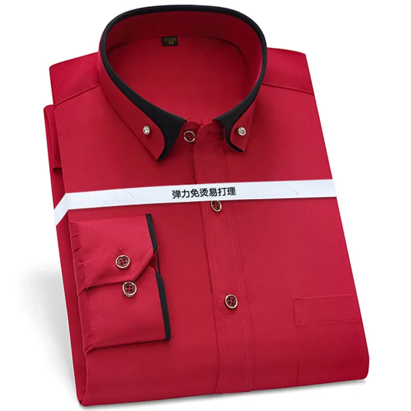 New Men's Business Shirt Long Sleeve Spring Autumn Contrast Collar Paired With Diamond Anti Wrinkle Buttoned Pink For Wedding