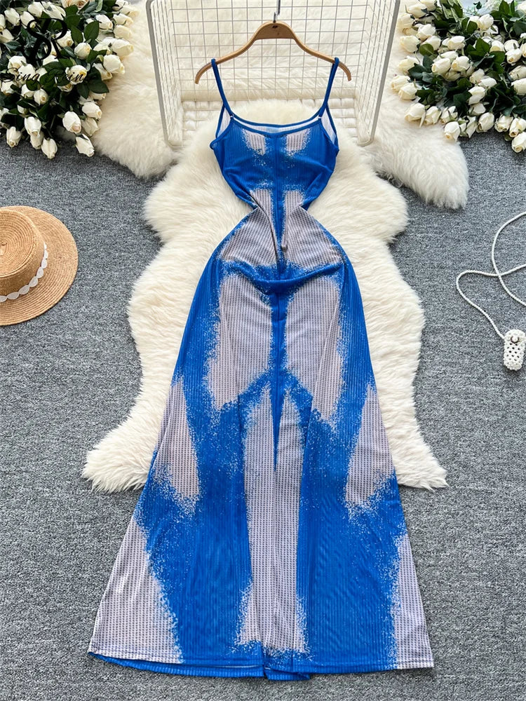 SINGREINY Sexy Beach Party Long Dress Diamonds Print Straps Backless Slim Fit Sundress Women Summer Mesh Bodycon Evening Dress