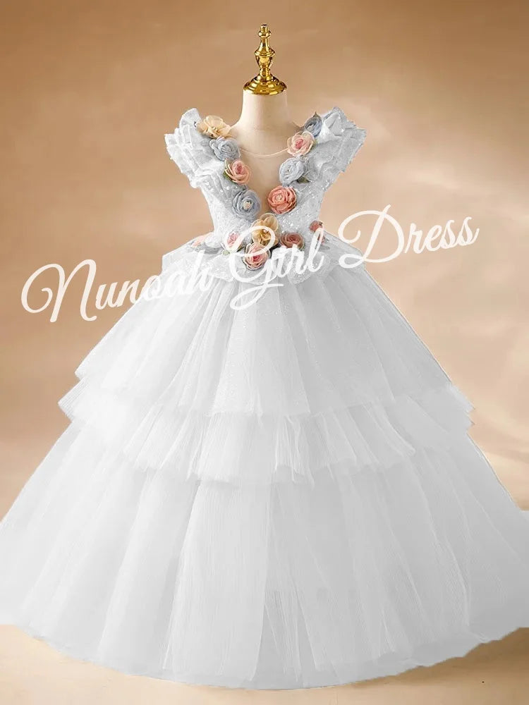 Blue Flower Girl Dresses Pageant Gown for Wedding 3D Floral Appliques Sequins Ruffles Birthday Party First Communion Gowns
