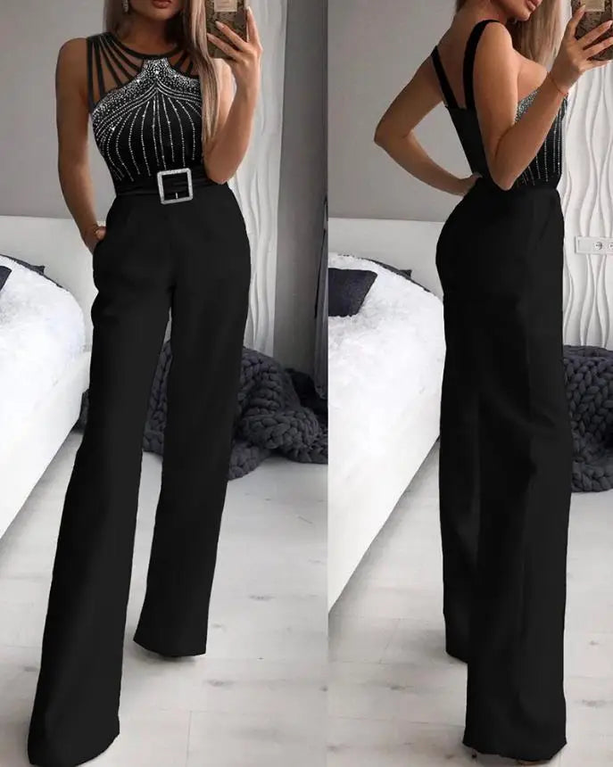 Elegant Jumpsuit for Women Party Summer Casual Rhinestone Sheer Mesh Sleeveless Jumpsuits Skinny Outfits Fashion Ladies Suit