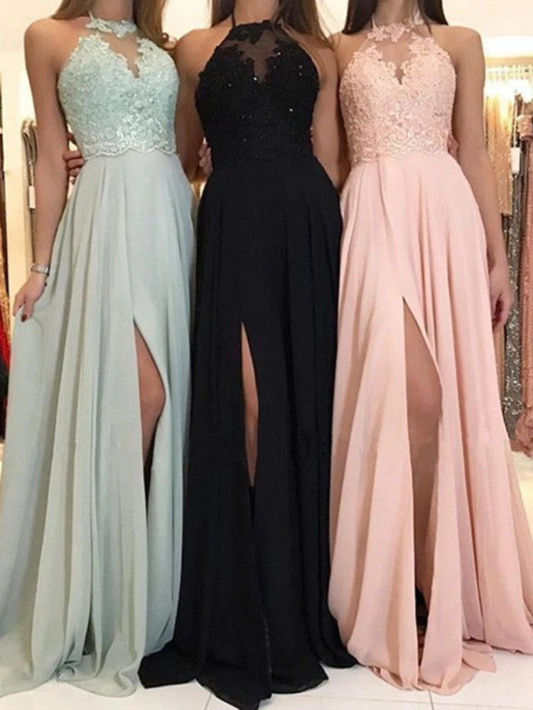 Dress Women Wedding Sexy Halter Lace Floral Sleeveless High Waist Evening Long Dresses Gown Vestidos Slim Fit Elegant 2024