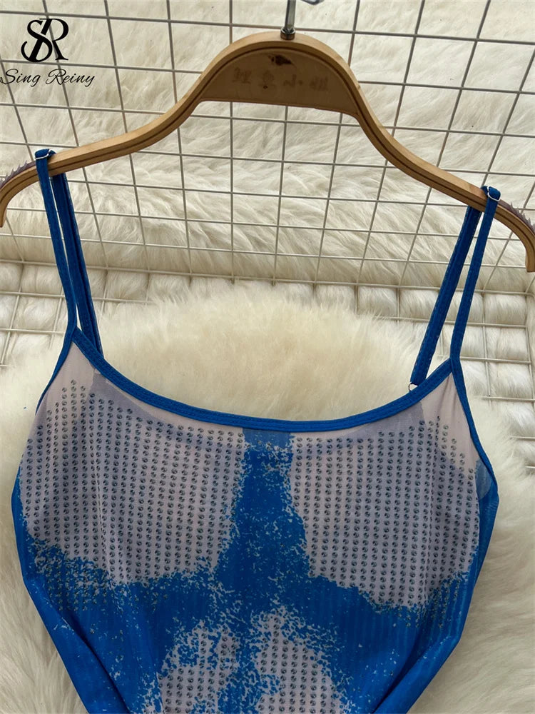 SINGREINY Sexy Beach Party Long Dress Diamonds Print Straps Backless Slim Fit Sundress Women Summer Mesh Bodycon Evening Dress