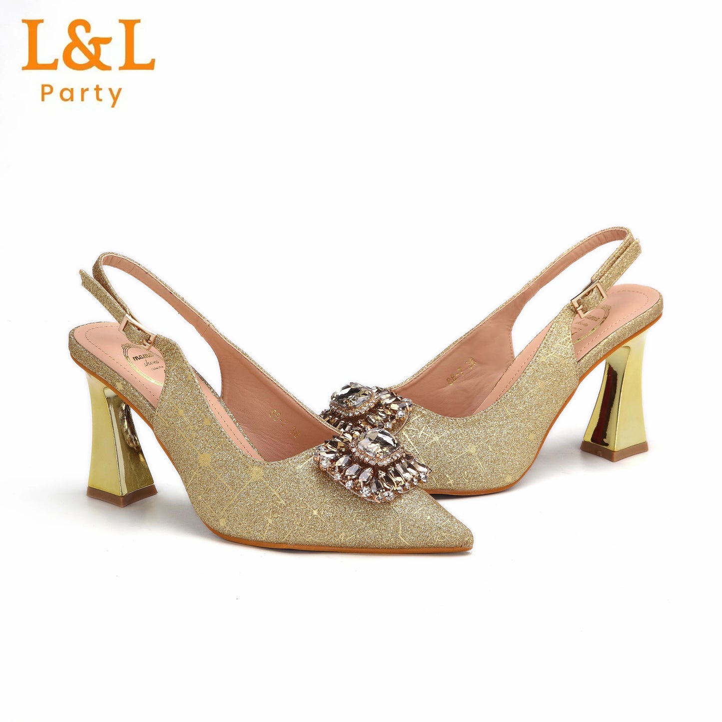 2024 Latest Italian Design African Women's High Heels Pointed Toe Sandals Party Wedding Party Gold Color Shoes and Bags Set