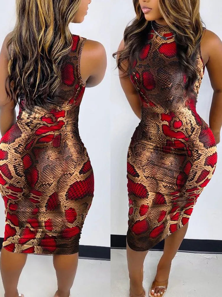 Elegant Women's Round Neck Bodycon Midi Dress Summer Fashion Printed Sleeveless Slim Fit Pullover Nightclub Party Dresses
