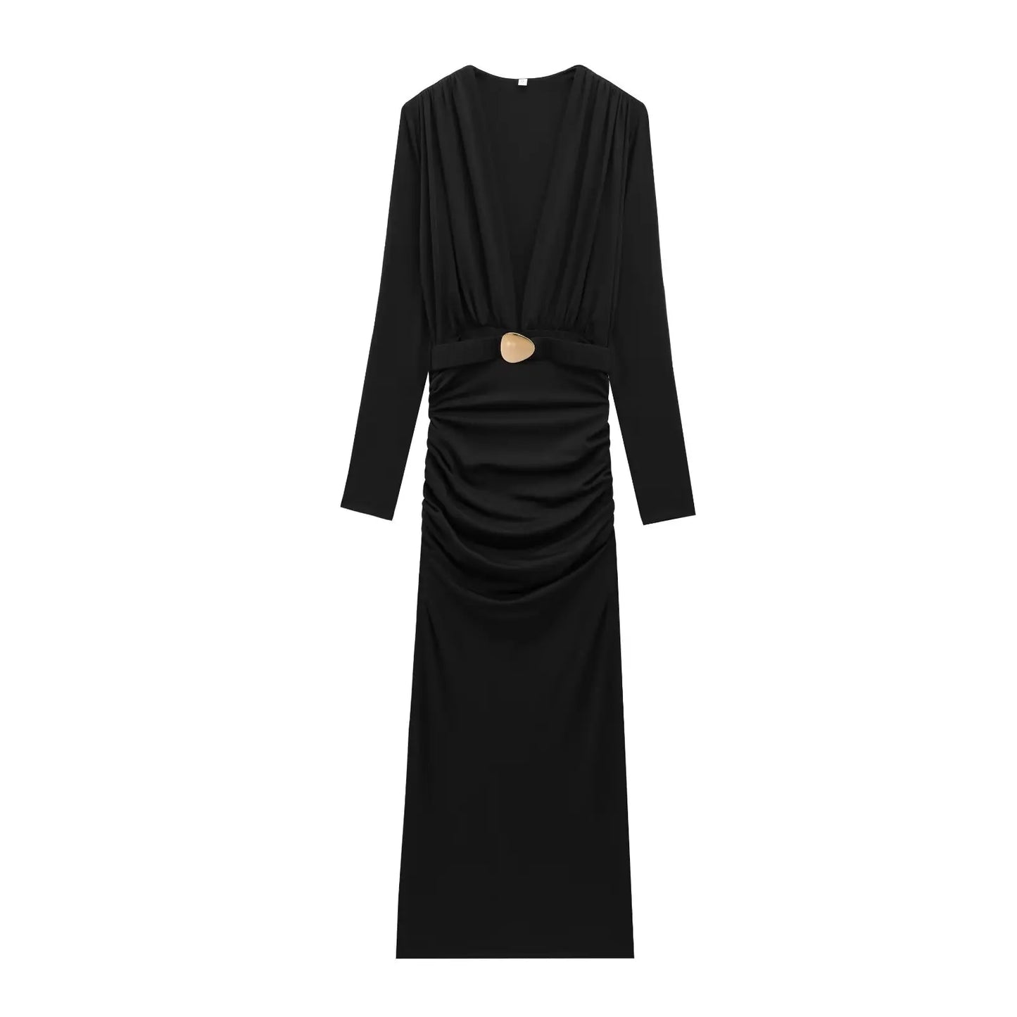 TRAFZA Women Spring New Sexy Deep V-neck Inlaid Belt Long Sleeve Slim Dress Female Temperature Evening Dress Pleated Long Dress