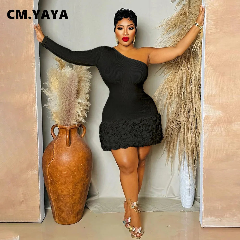 CM.YAYA Women Knit Ribbed Rose Floral Applique One Long Sleeve Bodycon Midi Dress 2024 Club Sexy Party Evening Dresses Vestidos