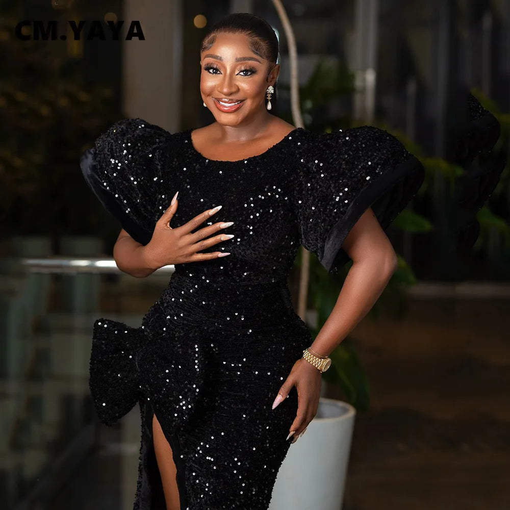 CM.YAYA Women Short Sleeve O-neck High Side Split Sequined Bodycon Midi Maxi Dress 2023 Sexy Party Birthday Long Dresses Vestido