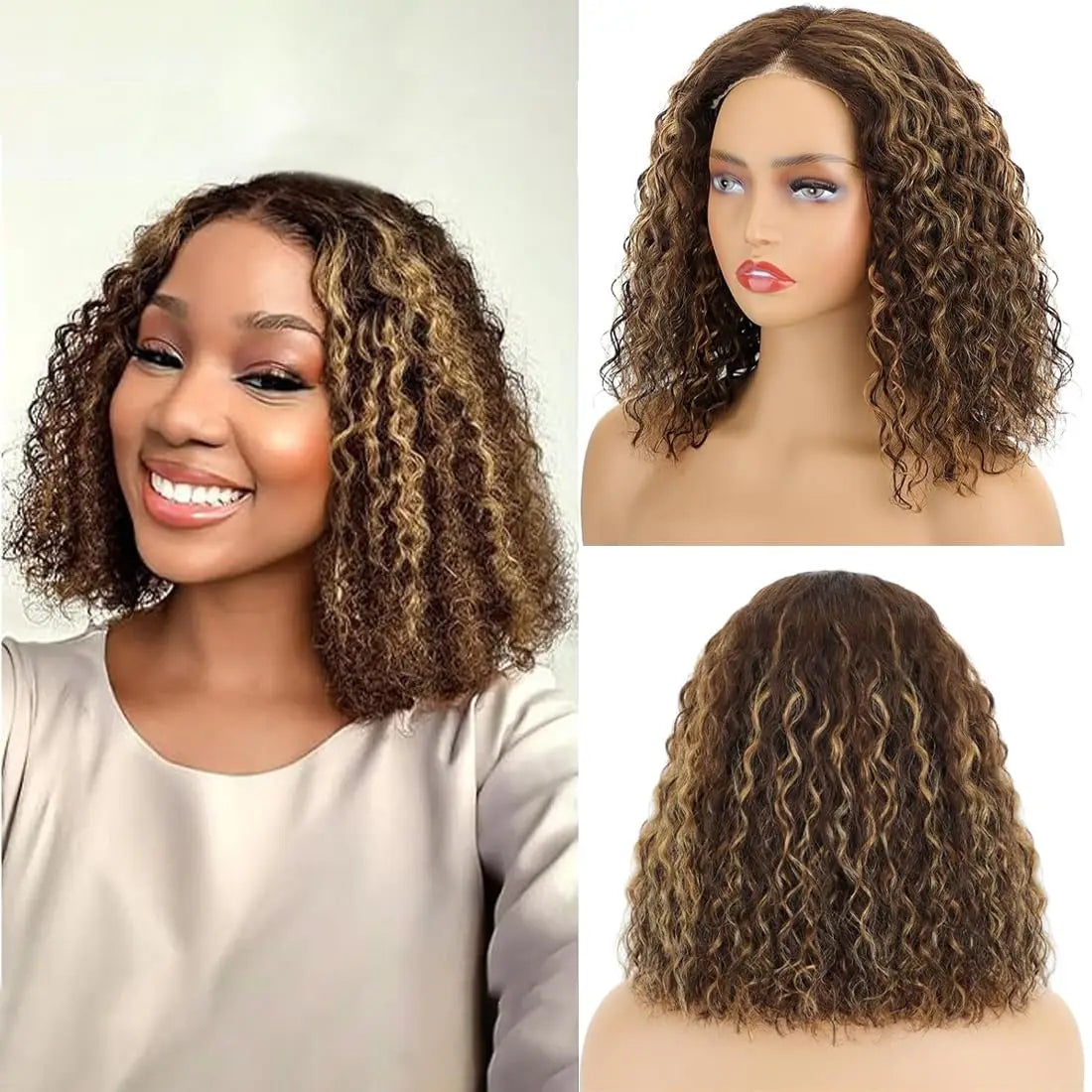 4/27 Highlight Ombre Deep Water Wave Short Bob Wigs Curly 13x4 HD Lace Front Wig 100% Real Human Hair Wig Ombre Brown Short Wig