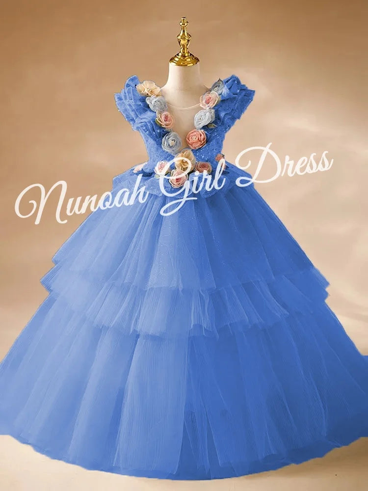 Blue Flower Girl Dresses Pageant Gown for Wedding 3D Floral Appliques Sequins Ruffles Birthday Party First Communion Gowns