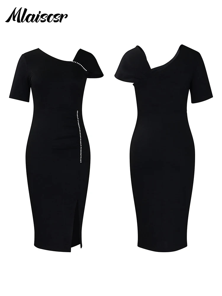 Mlaiscsr Elegant Short Sleeve Beading Bodycon African Midi Dress for Women Fashion Office Work Club Party Birthday Vestidos 2025