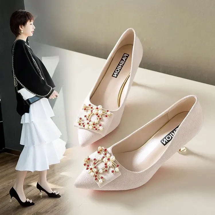 Women's Red High Heels Shoes Showing Off Wheat Grain Design Chinese Style Pearl Buckle Middle Heel Single Shoes