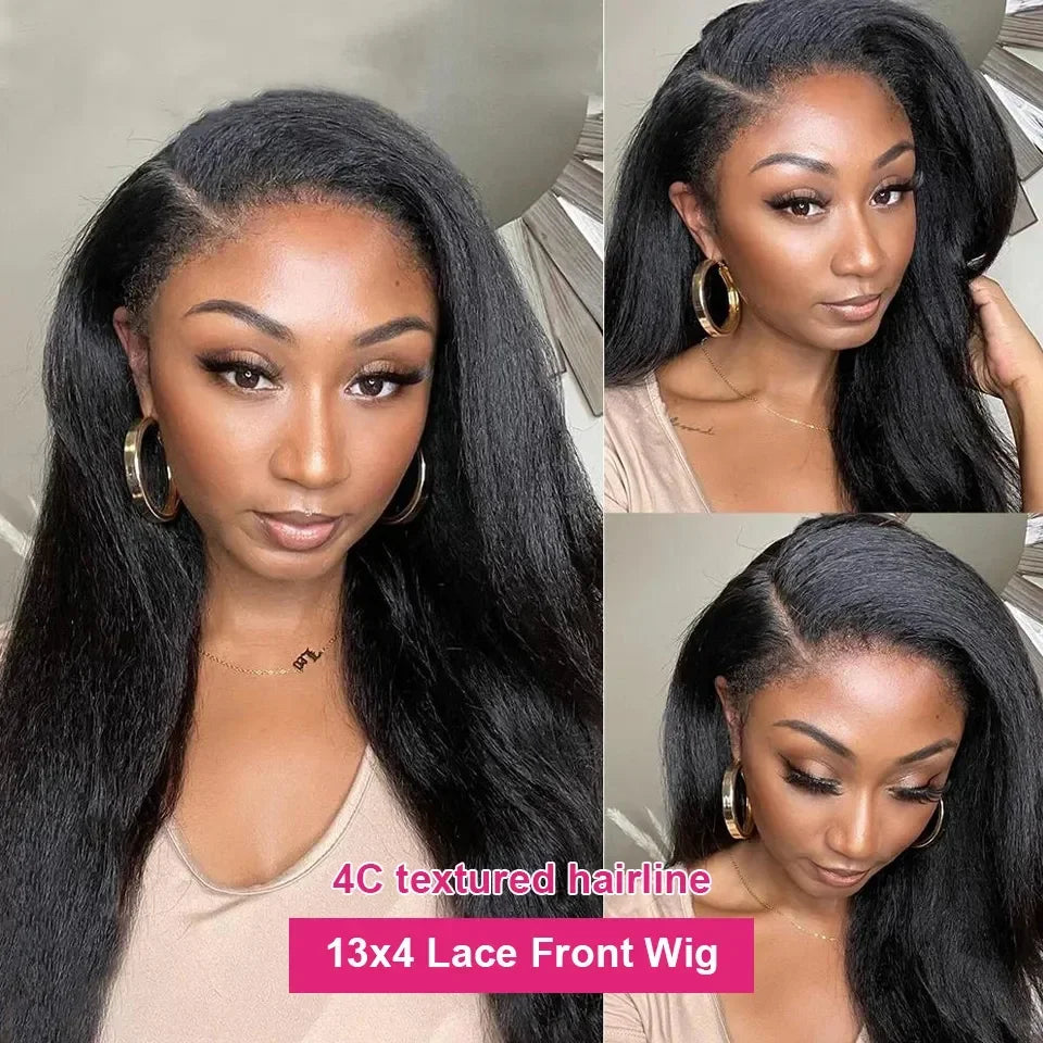 Kinky Straight 13x6 HD Lace Frontal Wig Human Hair 4C Edges Curly Natural Baby Hair Wig Yaki Straight Lace Front Human Hair Wigs