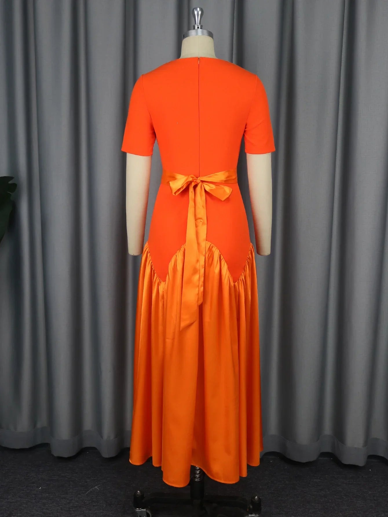 Short Sleeved Sweet Slim Fit Long Women's Dress Orange High Waist Pleated Beach Streetwear Maxi Big Swing Dresses with Belt