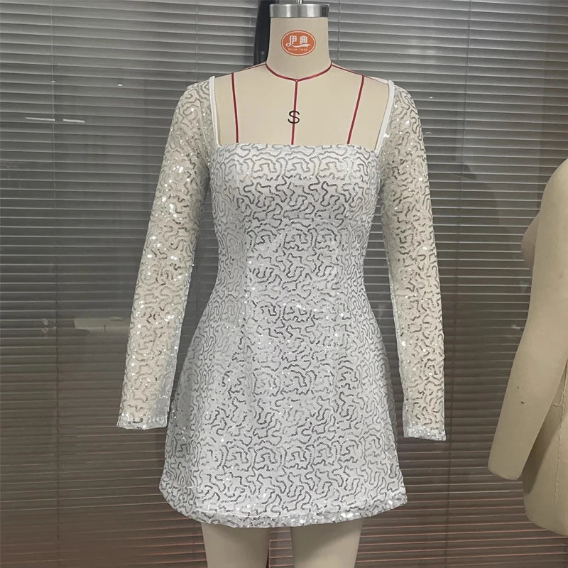 NIDANSSI Mesh Sequined Glitter Evening Party Dress Women Backless Robes Elegant Sexy Dress Bodycon Mini Spring Dress Vestidos