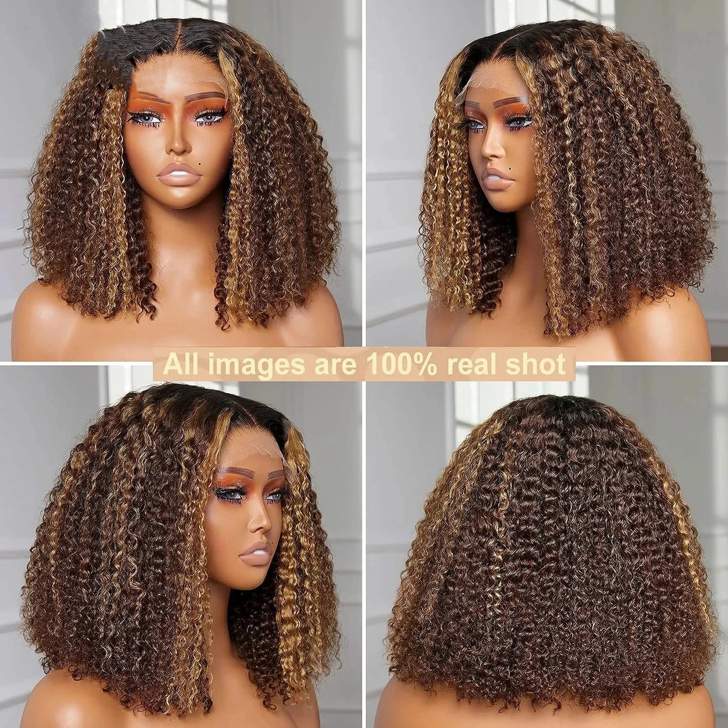 4/27 Highlight Ombre Deep Water Wave Short Bob Wigs Curly 13x4 HD Lace Front Wig 100% Real Human Hair Wig Ombre Brown Short Wig