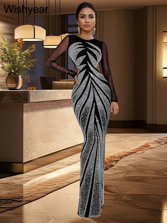 Wishyear Sexy Evening Party Dresses Women Black Mesh See Through Long Sleeve Diamonds O-neck Mermaid Vestidos Birthday Clubwear