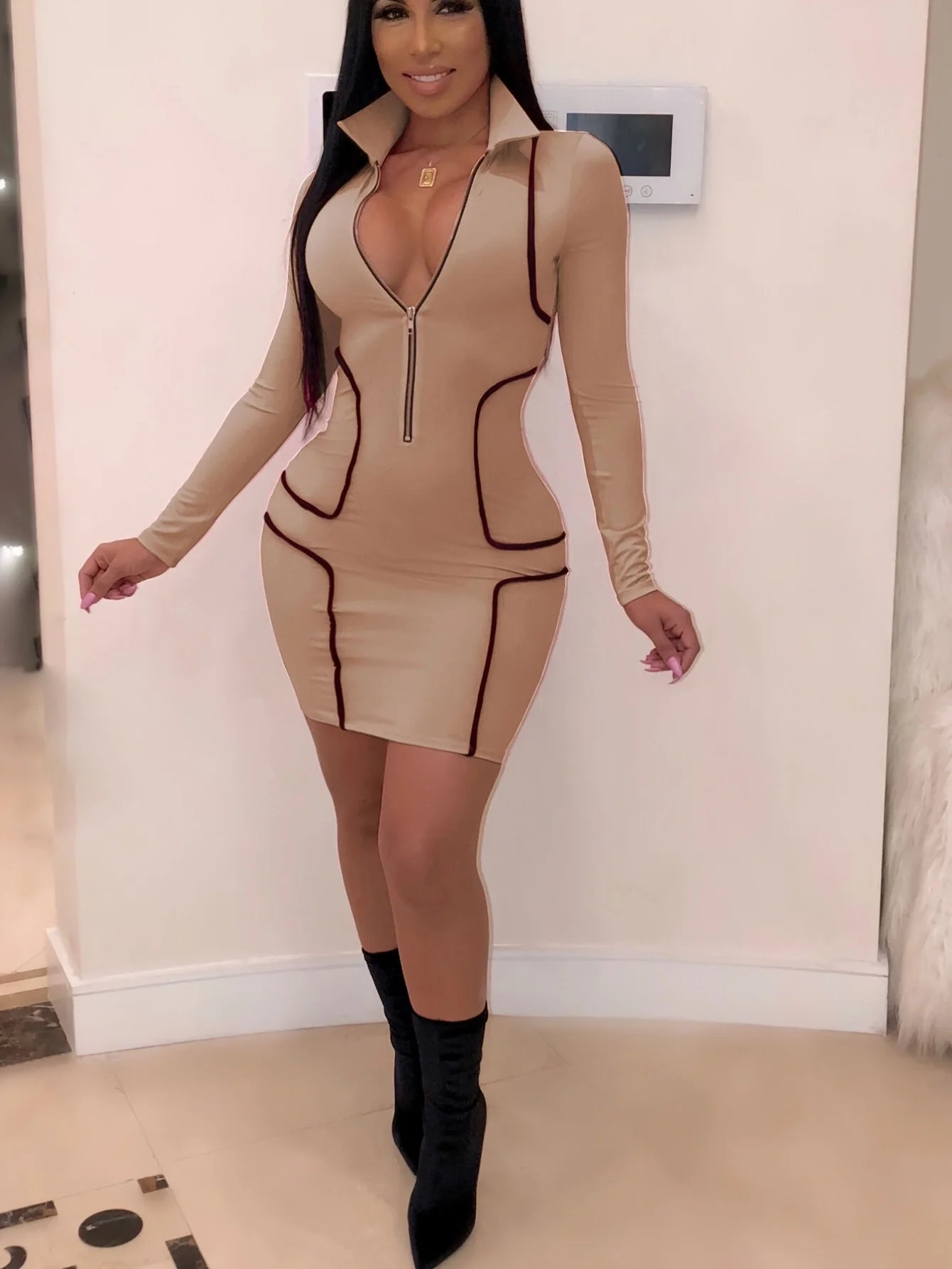 Zipper Stand Collar V Neck Long Sleeve Bodycon Dress Women Fashion Casual Dress Sheath Mini Club Party Dresses Outfits