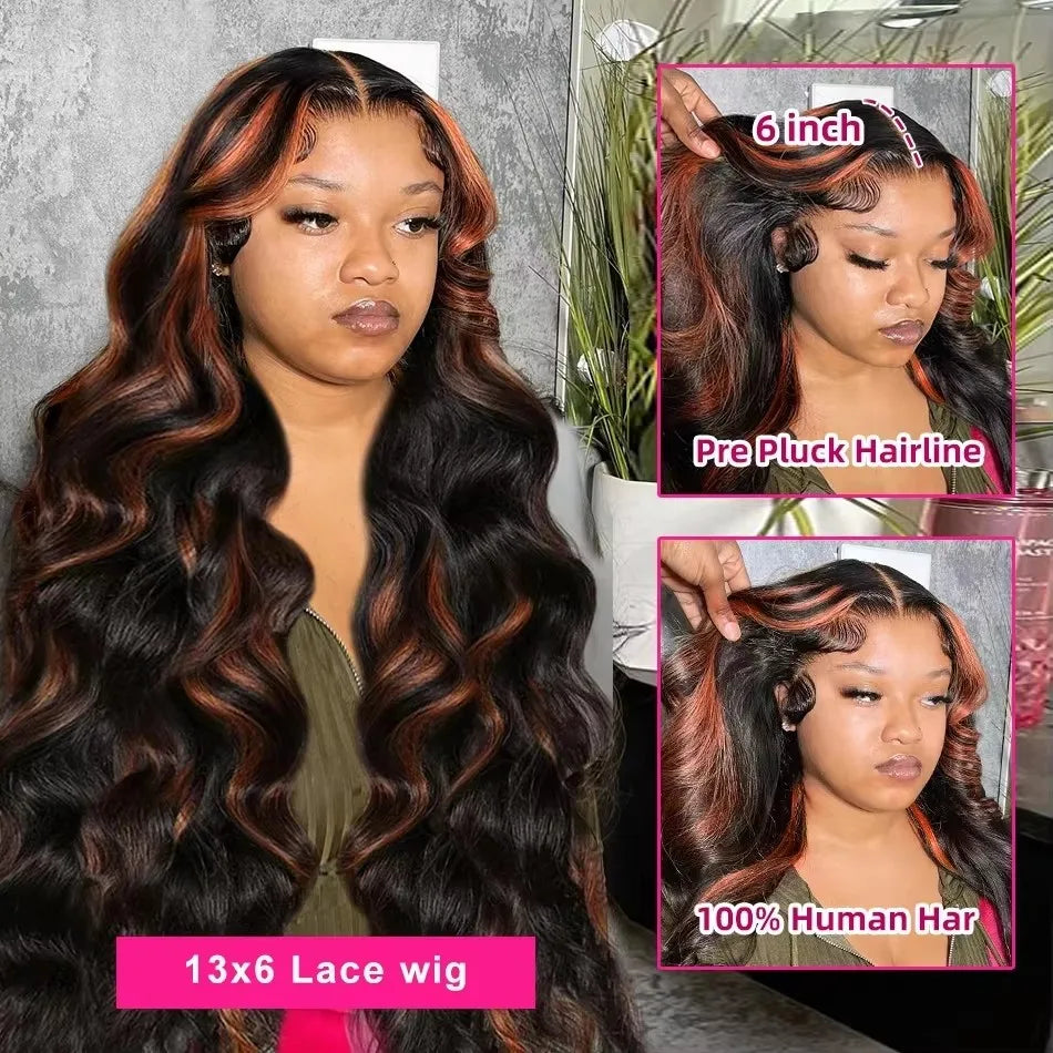 Mossily 250 Density 30 Inch Body Wave Highlight Wig Human Hair 1B/30 Black Brown Highlight 13x6 HD Lace Frontal Wig Human Hair