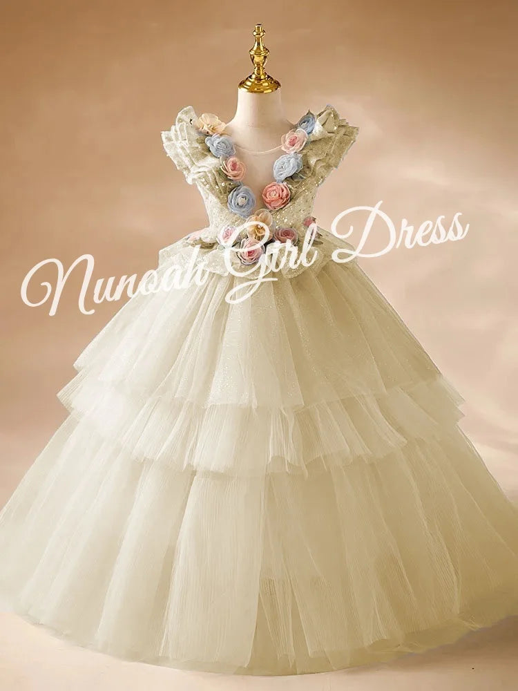 Blue Flower Girl Dresses Pageant Gown for Wedding 3D Floral Appliques Sequins Ruffles Birthday Party First Communion Gowns