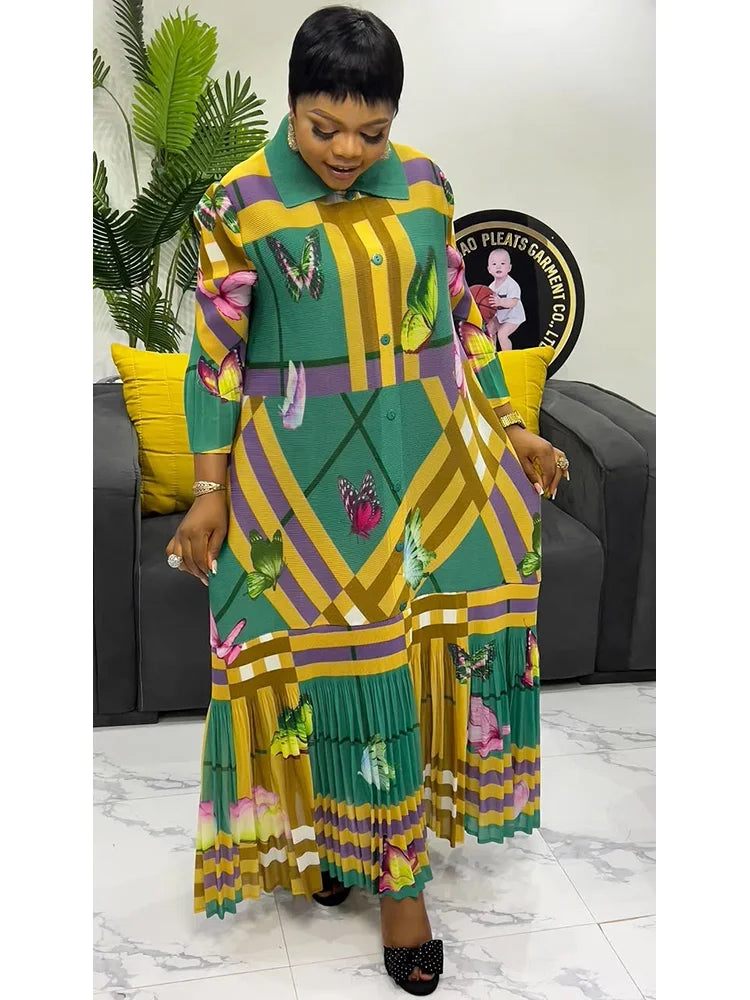 ANLAN Miyake Pleated Dress Women's Fashion Printed Lapel Single-breasted Elegant Cardigan Dresses 2025 Spring New Style 9AN0518