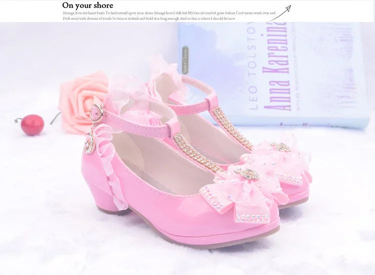 Children Party Leather Shoes Girls PU Low Heel Lace Flower Kids Wedding Shoes Girls Sandals Dance Dress Dance Shoe White Pink
