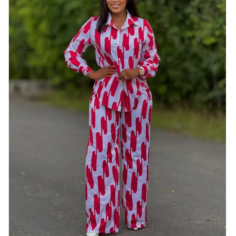 African Fashion Stripe Printed Two Piece Set Women Spring Autumn Casual Button Long Sleeved Shirt Wide Leg Pants Set