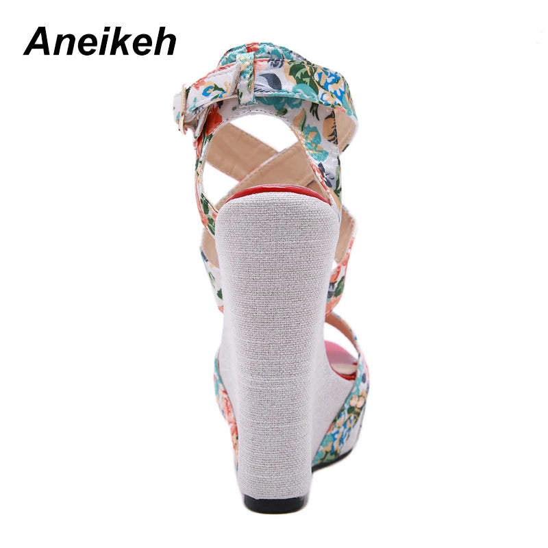 Aneikeh Women Wedges Sandals Summer Platform Sandals High Heels Shoes Ankle Strap Designer Silk Print Footwear Sandals Pumps