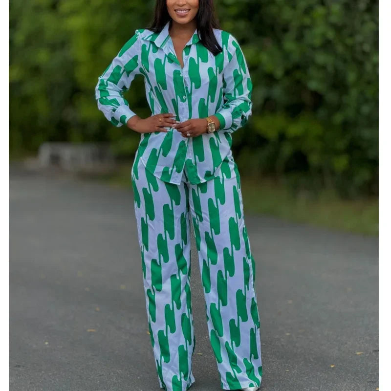 African Fashion Stripe Printed Two Piece Set Women Spring Autumn Casual Button Long Sleeved Shirt Wide Leg Pants Set