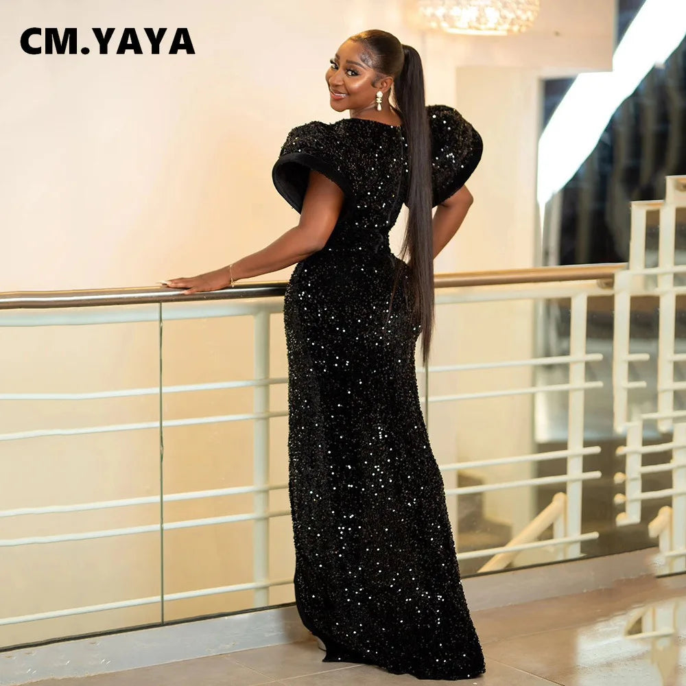 CM.YAYA Women Short Sleeve O-neck High Side Split Sequined Bodycon Midi Maxi Dress 2023 Sexy Party Birthday Long Dresses Vestido