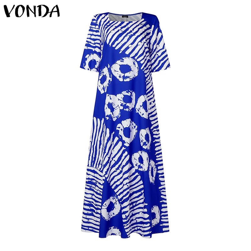 Plus Size Women Bohemian Maxi Dress 2025 Summer Printed Long Sundress VONDA Beach Party Vestidos Half Sleeve Casual Loose Robe