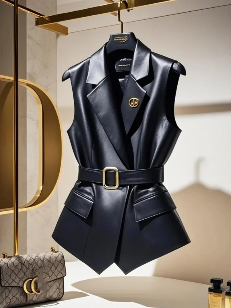 Spring Summer Jacket Vest Color Block Coffee Sleeveless Blazers Waistcoat Retro Female Outerwear All-match Fashion Office Lady