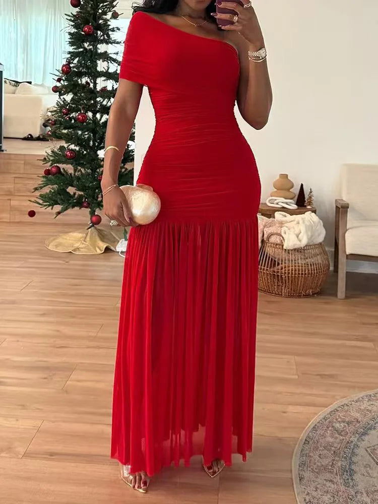 Women Diagonal Collar Summer Solid Long Dress Female Sleeveless Backless Pleated Party Dress 2023 Casual Streetwear Maxi Dresses