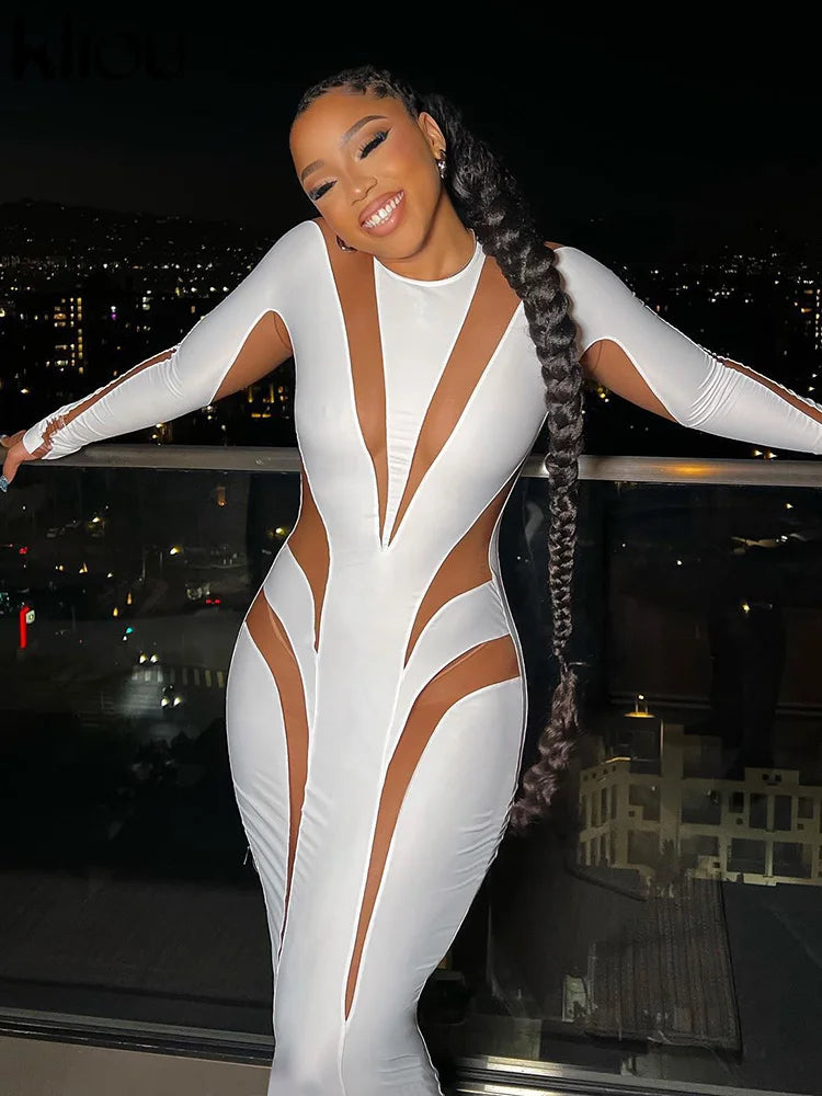 kliou Autumn Women Milk Silk Patchwork Maxi Dress Long Sleeve Round-Neck Skinny Robe Female Elegant New Classic Evening Vestido