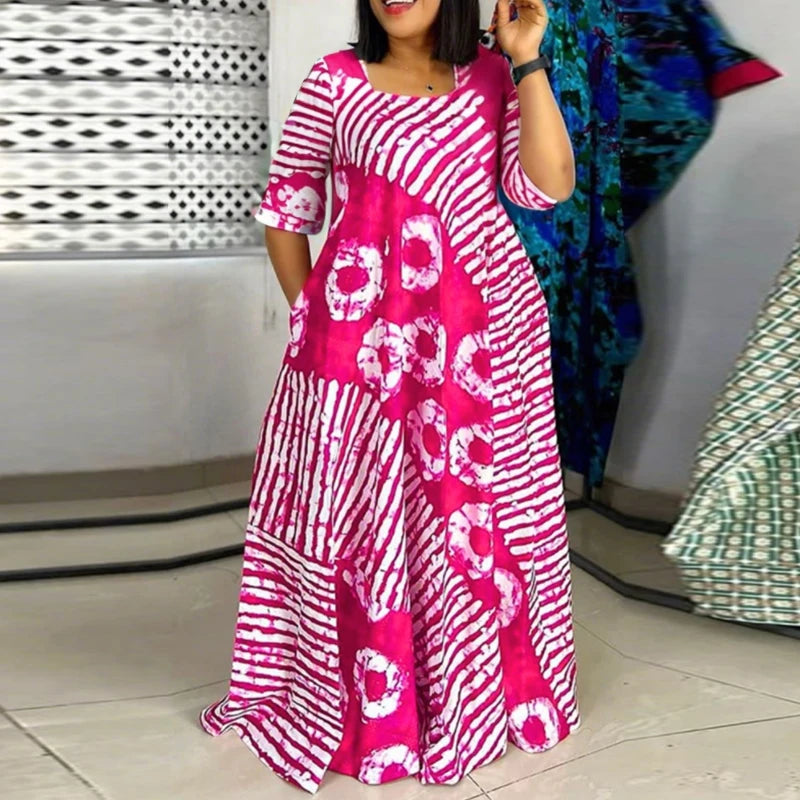 Plus Size Women Bohemian Maxi Dress 2025 Summer Printed Long Sundress VONDA Beach Party Vestidos Half Sleeve Casual Loose Robe