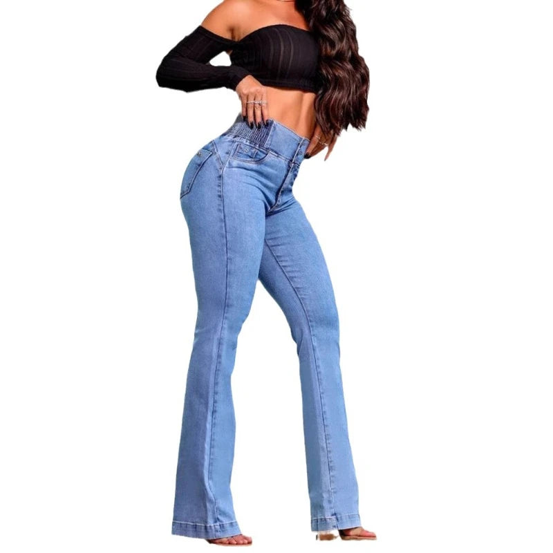 Jeans Women Flare Pant Denim Long Pants Elegant Bodycon Casual Work Button Pocket Straight Trousers High Waist Simple Pants