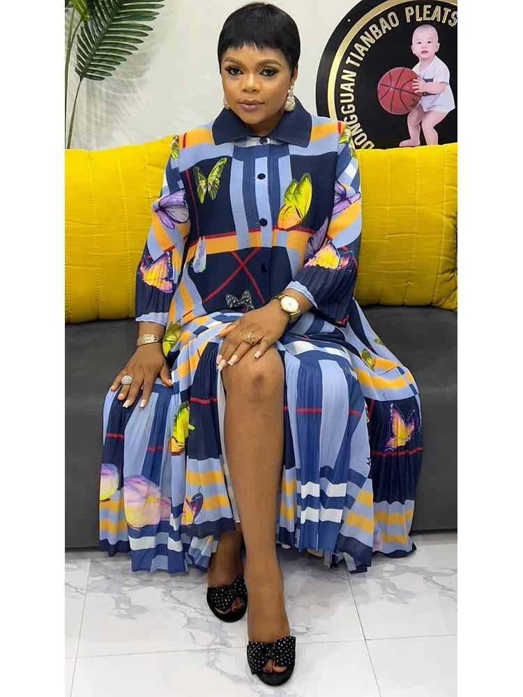 ANLAN Miyake Pleated Dress Women's Fashion Printed Lapel Single-breasted Elegant Cardigan Dresses 2025 Spring New Style 9AN0518