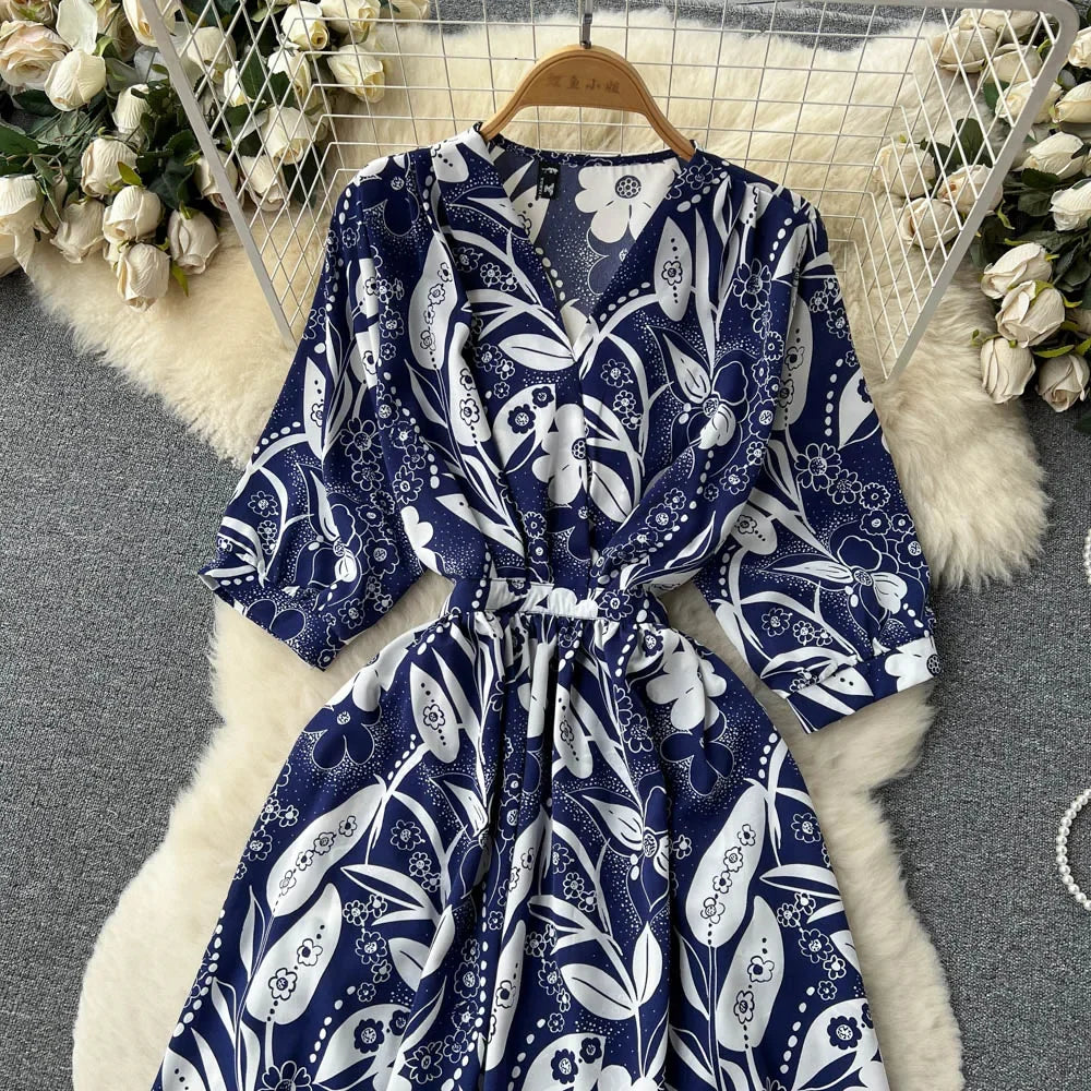 Summer Holiday Floral Beach Wrap Dress Women V Neck Short Sleeves Chic A Line Dress Bohemian Vintage Print Long Dress