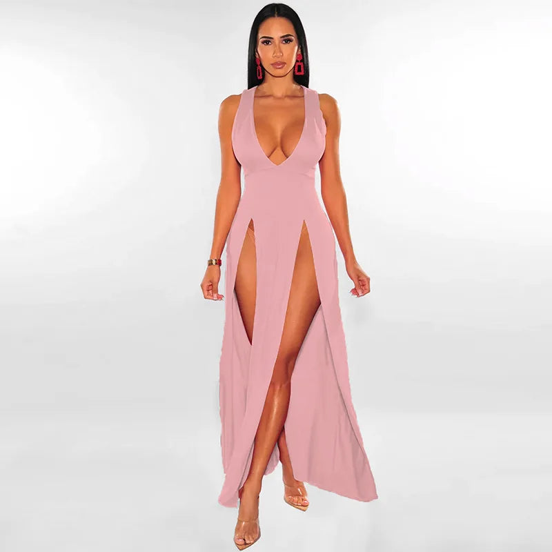 Sexy Woman Club Dress Backless Sleeveless Deep V-Neck High Waist Slit Maxi Dress Birthday Midnight Party Elegant Women Dress