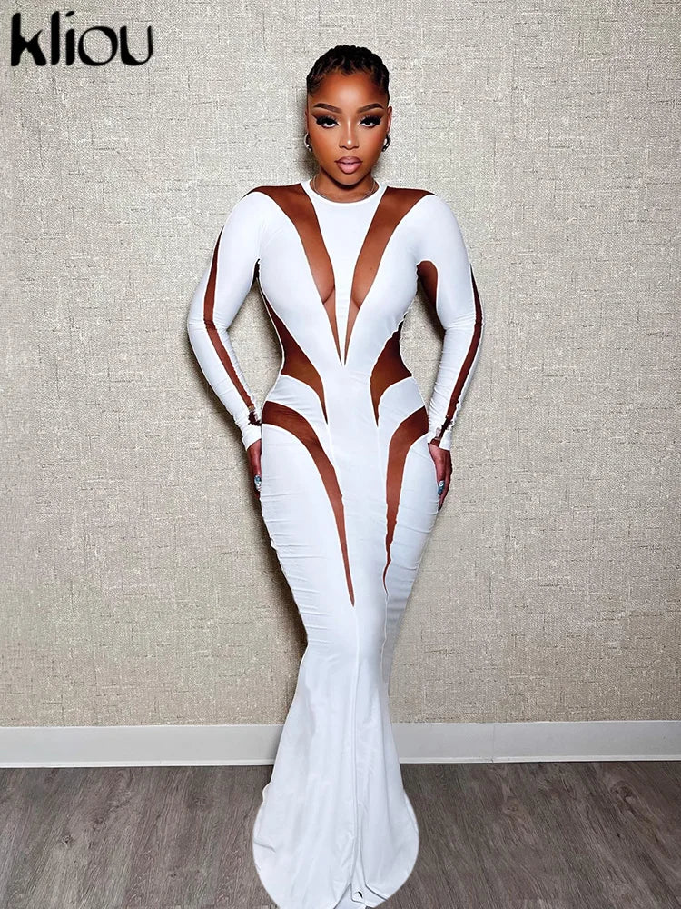 kliou Autumn Women Milk Silk Patchwork Maxi Dress Long Sleeve Round-Neck Skinny Robe Female Elegant New Classic Evening Vestido