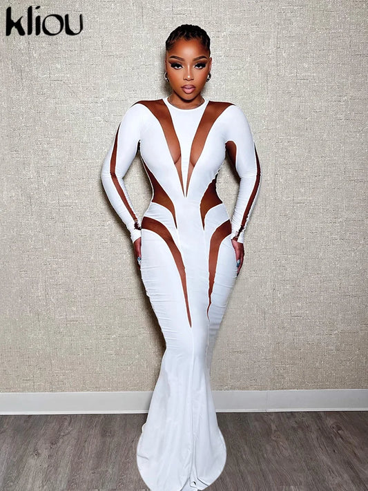 kliou Autumn Women Milk Silk Patchwork Maxi Dress Long Sleeve Round-Neck Skinny Robe Female Elegant New Classic Evening Vestido