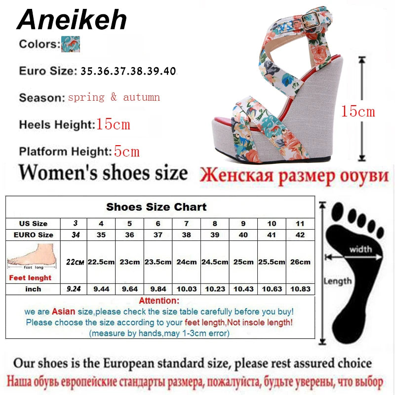 Aneikeh Women Wedges Sandals Summer Platform Sandals High Heels Shoes Ankle Strap Designer Silk Print Footwear Sandals Pumps